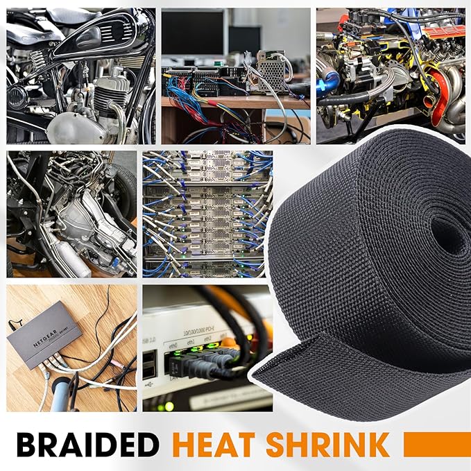 Black 2:1 Ratio Automotive Heat Shrink Braided Sleeving,Wear-Resistant Flat Woven Shrinkable Sleeve Fabric Car Cable Wires Hoses Protection (1"-8ft)