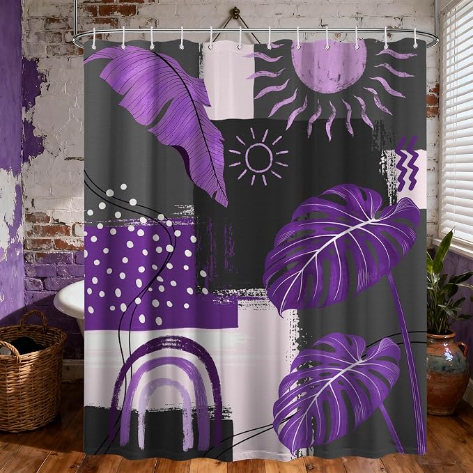 Extra Long Shower Curtain 96 Inchs Extra Tall Purple and Gray Mid Century Modern XL Abstract Shower Curtains for Large Bathroom Decor Sets, Waterproof Cloth Fabric with Hooks, 70 x 96 Inch