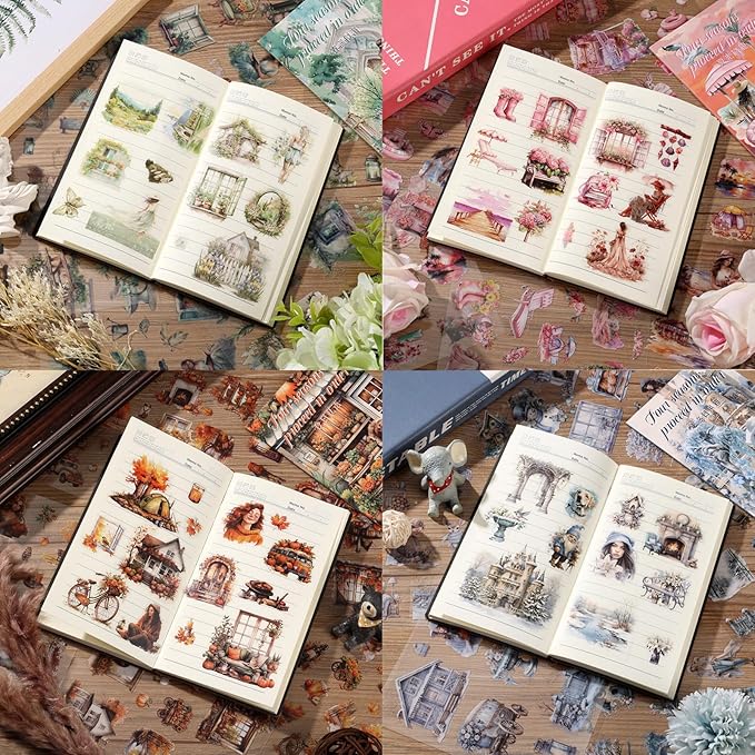 Auguro 4 Books for Seasons Stickers for Scrapbooking 480 Pre-Cut Pet Transparent Stickers for journaling Spring Summer Fall and Winter Sticker