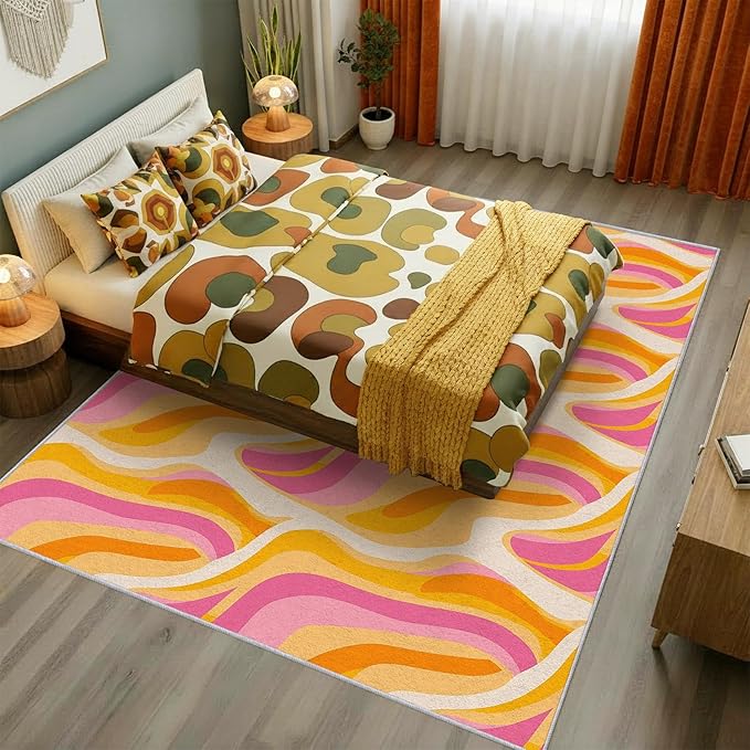 70s Retro Rug 5x7 Colorful Zebra Striped Groovy Pattern Area Rugs for Living Room, Bedroom, 70s Retro Home Decor Accessories Indoor Carpet, Non Slip & Machine Washable, GD0346
