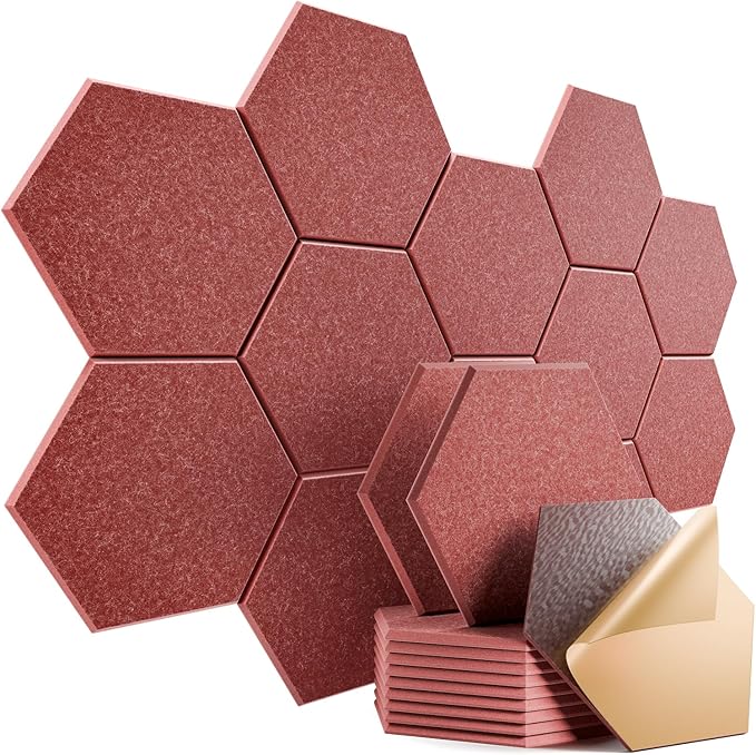 12 Pack Self-Adhesive Acoustic Panels 12" X 10" X 0.4" - Sound Proof Foam Panels with High Density, Stylish Hexagonal Design, Flame Resistant, Absorb Noise and Eliminate Echoes(Red)