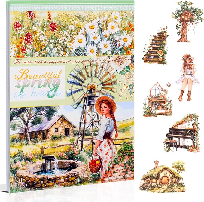 Dwpetzo Spring Cottage Scenery Scrapbook Stickers, 20 Sheets A5 Pre-Cut PET Washi Stickers Book for Journaling, Junk Journal Supplies, Bujo, Collage, Crafts Arts