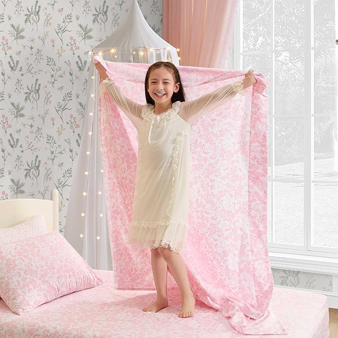 Laura Ashley Kids - Queen Sheet Set, Soft & Wrinkle-Resistant Toddler Bedding Set, Deep Pockets, Girl Bed Sheets with Matching Fitted Sheet & Pillowcases (Toile Unicorn Pink)