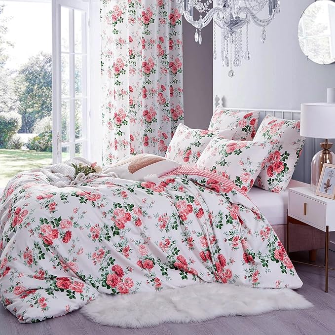Rose Flower Duvet Cover Full Size Pink Floral Plaid Grid Duvet Cover 100% Microfiber Girls Flower Comforter Cover with Zipper Closure Vintage Country Bedding Botanical Floral Comforter Cover Full