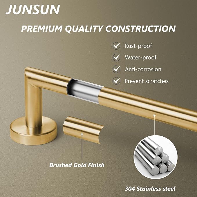 JunSun Bathroom Towel Bar 9 Inch Brushed Gold Towel Racks Wall Mount Bath Hand Towel Holder Modern Home Decor Towel Rod Bathroom Hardware Stainless Steel Towel Hanger Gold Towel Rail Single Towel Bars