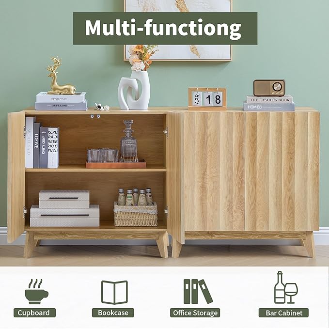 Bifins Sideboard Buffet Cabinet with Storage Set of 2, 61.4" Mid Century Modern Fluted Storage Cabinet with Doors & Adjustable Shelves for Living Room,Kitchen,Entryway (Natural 2pcs)