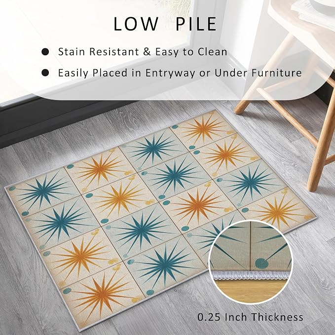 Starburst Rug 5x7 Mid Century Atomic Checkboard Distressed Pattern Area Rugs for Living Room, Bedroom, Starburst Home Decor Accessories Indoor Carpet, Non Slip & Machine Washable
