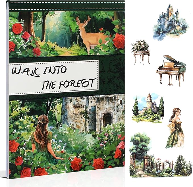 Dwpetzo Forest Woodland Castle Scenery Sticker Book for Journaling, 20 Sheets Precut PET Washi Materials Ephemera Stickers for Junk Journal Supplies, Scrapbooking, DIY Crafts Arts