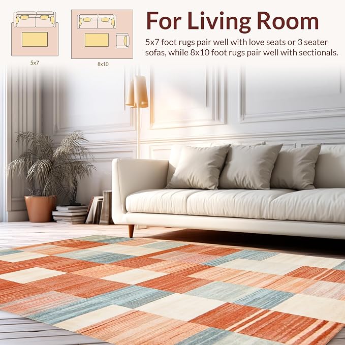 Flatwoven High Traffic Area Rug 4x6, Eclectic Layered Geometric, Non Slip, Stain Resistant, Washable Area Rugs for Living Room, Bedroom (Orange, 4x6)
