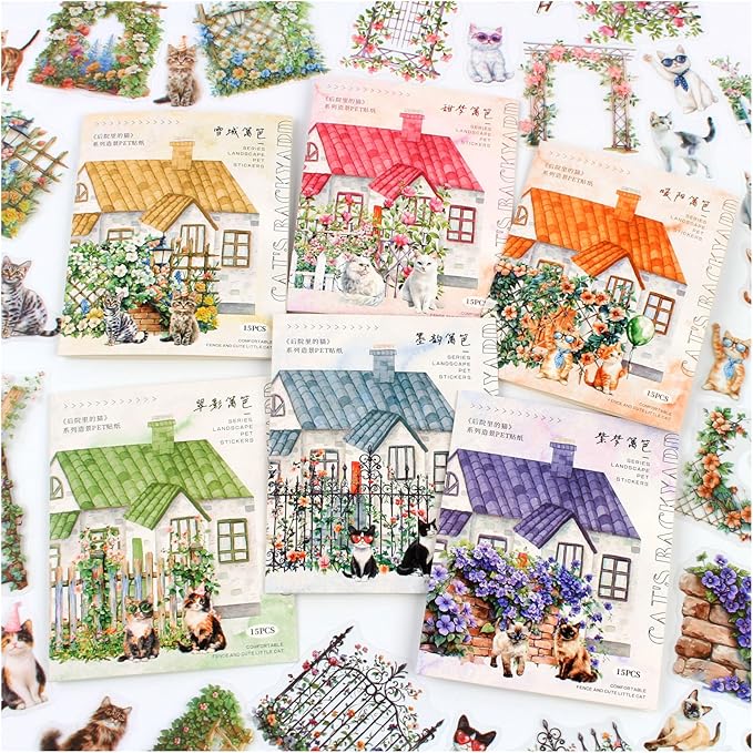 Dwpetzo 90Pcs Unique Transparent PET Stickers for Journaling, Garden Fence with Cat Landscape Stickers for Scrapbooking, Junk Journal Supplies, Collage, Planner