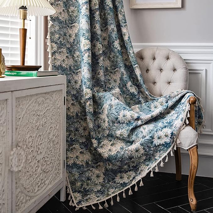 ENJOYBRIDAL Blue Floral Curtains 96 Inch Length 2 Panels Farmhouse Semi Sheer Drapes for Living Room Bohemian Rustic Rod Pocket Window Curtain Panels with Tassel Jacquard Bedroom Window Treatments