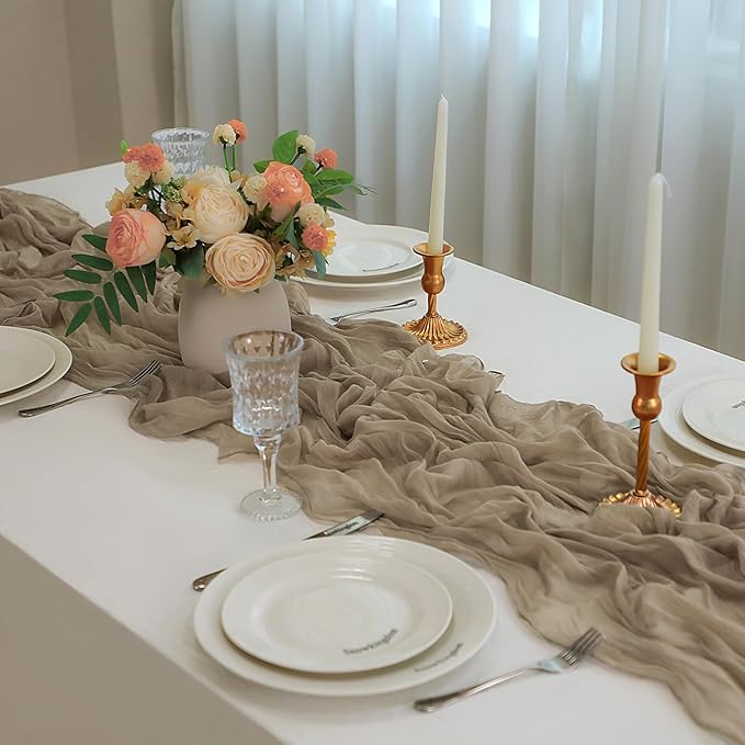 Snowkingdom 6PCS 10 FT Light Brown Cheesecloth Table Runner, 120 inch Long Tan Fall Thanksgiving Boho Rustic Gauze Sheer Runner for Wedding Baby Shower Birthday Holiday Party Table Decorations