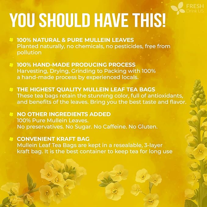 FreshDrinkUS, Premium 25 Mullein Leaf Tea For Lungs, Lung Detox For Smokers, Handmade, 100% Natural & Pure, Mullein Tea, No Sugar, No Caffeine, No Gluten, Vegan