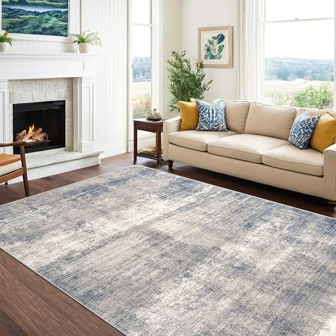 vivorug Washable Rug, Ultra Soft Area Rug 8x10, Non Slip Abstract Rug, Stain Resistant Rugs for Living Room Bedroom, Modern Rug (Gardual-Blue, 8'x10')