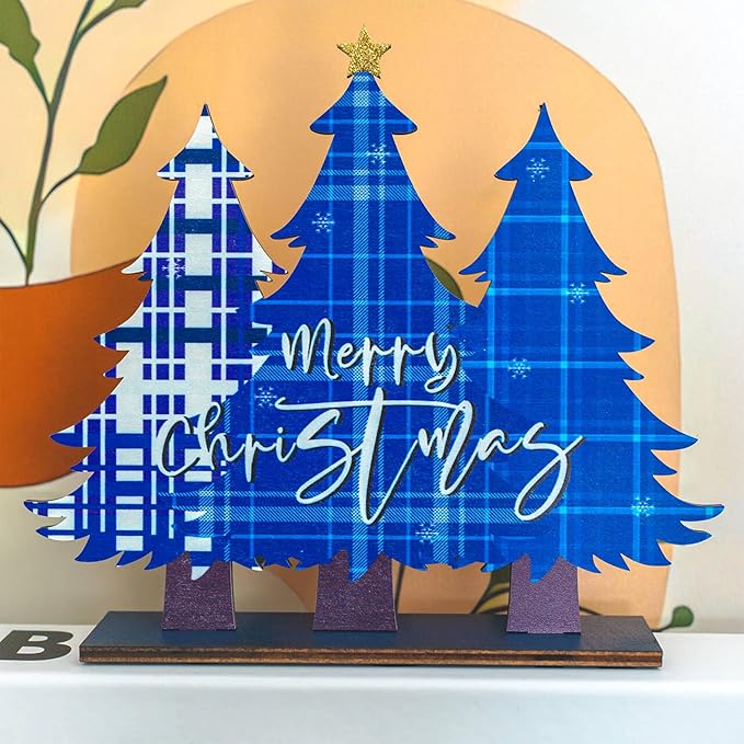 NEROSUN 5 PCS Christmas Table Centerpiece Decorations, Wooden Xmas Snowman Santa Claus Gnome Table Decorations Signs, Merry Christmas Table Toppers for Holiday Home Party Indoor Decor (Blue)