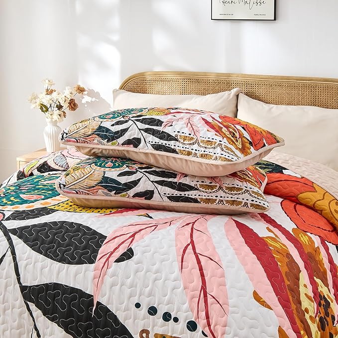 Quilt Set Full/Queen Size, Boho Floral 3 Pcs Soft Bed Cover Bedding Set, Mid Century Flowers Lightweight Bedspread Coverlet with 2 Pillow Sham for All Season