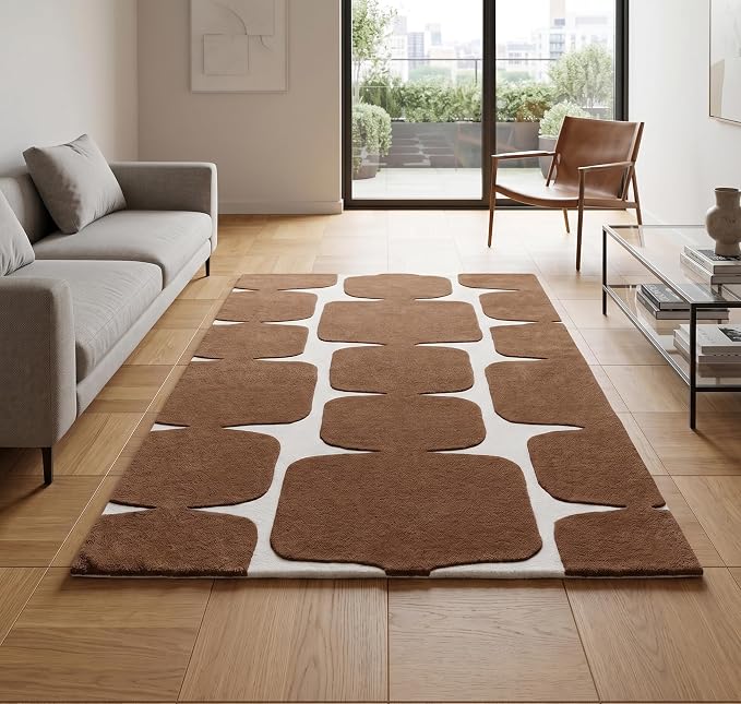 Restoration and Renovation Modern Wool Area Rug - Contemporary Abstract Geometric Design, Thick & Soft Hand-Tufted Carpet - Ideal for Indoor Decor in Living Room, Bedroom (Brown, 4' x 6')