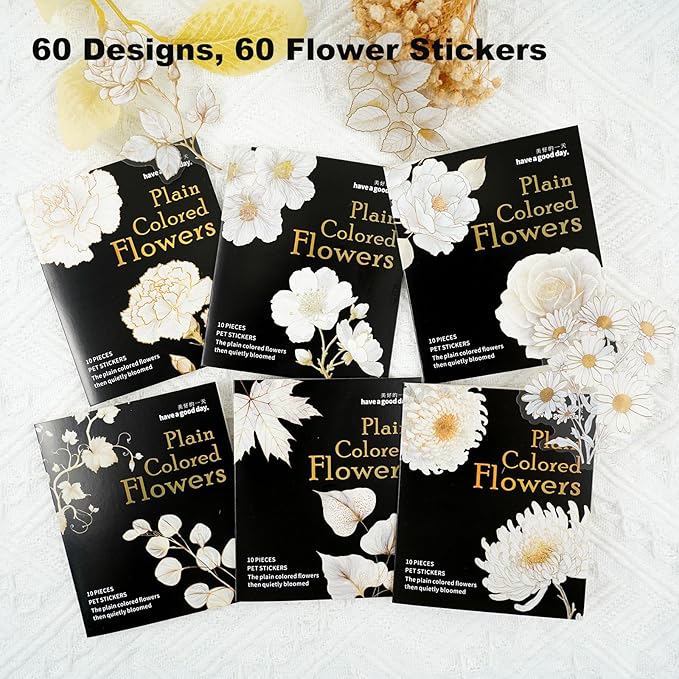AuriicLeaf Floral PET Stickers – 60 Foil-Stamped Self-Adhesive Flower Designs Waterproof Transparent Stickers for Scrapbooking Journaling DIY Crafts and Decoration