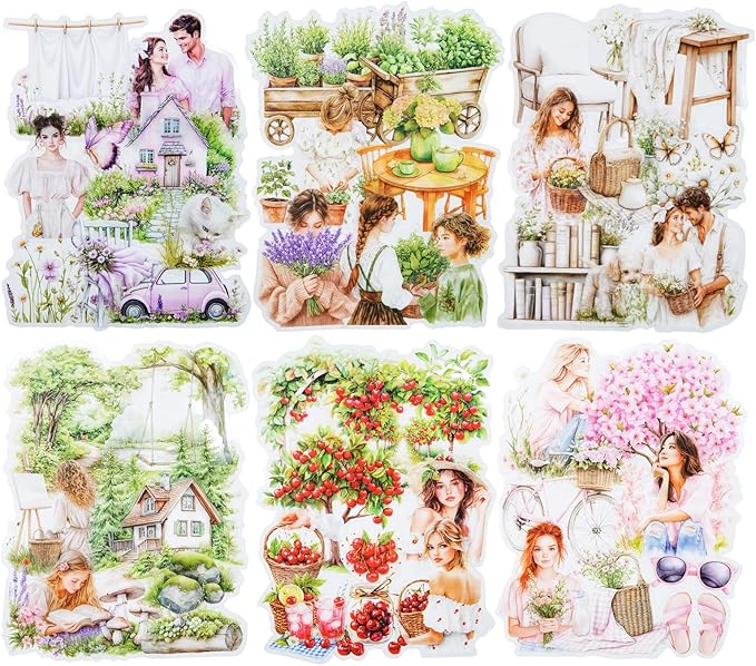 AuriicLeaf Garden Girl Sticker Set, 120PCS PET Vintage Nature Stickers for Journaling, Scrapbooking, Planner Supplies and DIY Crafts