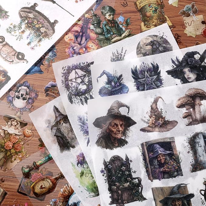 Auguro Fantasy Scrapbook Stickers 20 Sheets 240 Pre-Cut Magic Washi Stickers for Journaling PET Transparent Book Sticker Decorative or DIY Paper Crafts, Arts and Crafting Projects