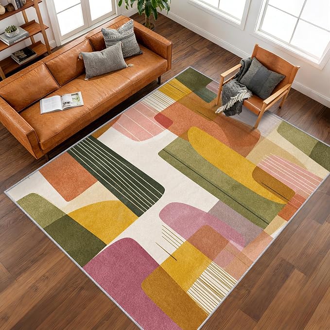 6x9 Mid Century Modern Rugs for Bedroom Decor, Washable Abstract Geometry Pattern Area Rug, Living Room Home Decoration, Non Slip Soft Thin, Boho Decor Carpet PF-P 117