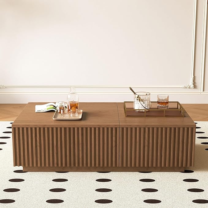 NessCarsti 51.1" Mid-Century Modern Lift Top Coffee Table, Walnut Rectangular Center Table with Hidden Storage & Drawers, for Living Room, Apartment, Office