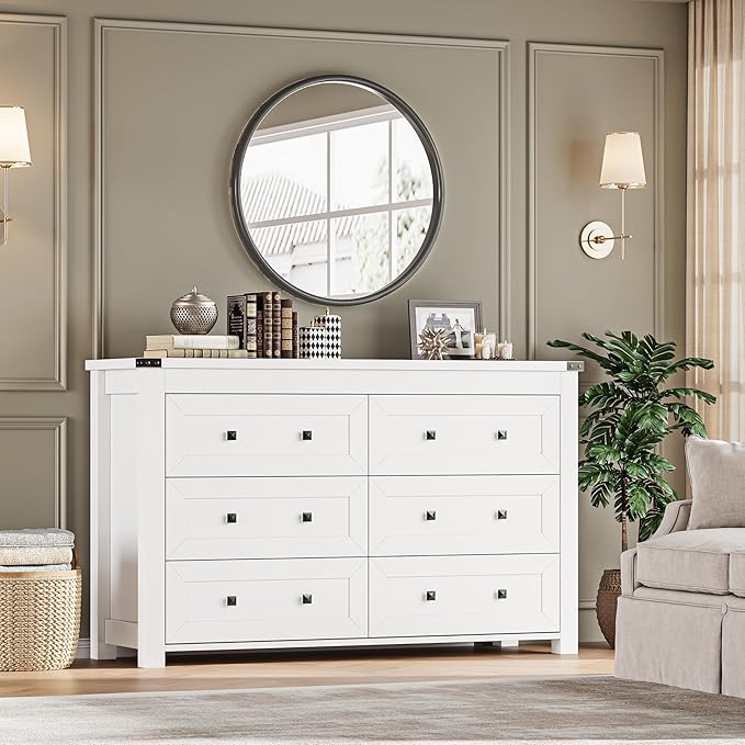 BORNOON 6-Drawer Dresser, Modern Wooden Storage Chest of Drawers, Dresser TV Stand, Wood Drawer Organizer with Metal Handles for Bedroom, Living Room, Hallway