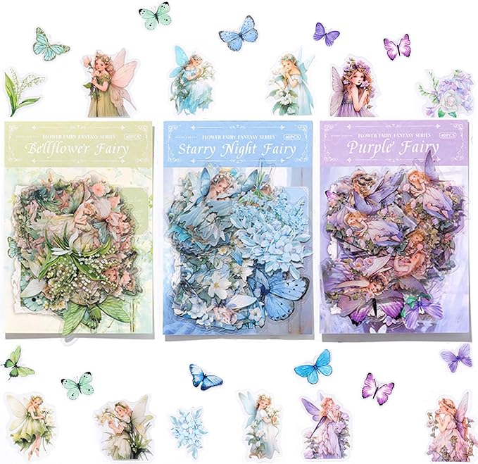 SIBLYMONA Vintage Fairy Stickers 120Pcs Transparent Stickers for Scrapbooking Journaling, Floral Butterfly Cottagecore Junk Journal Scrapbook Supplies, Rub On Transfers for Crafts (120, Blue)