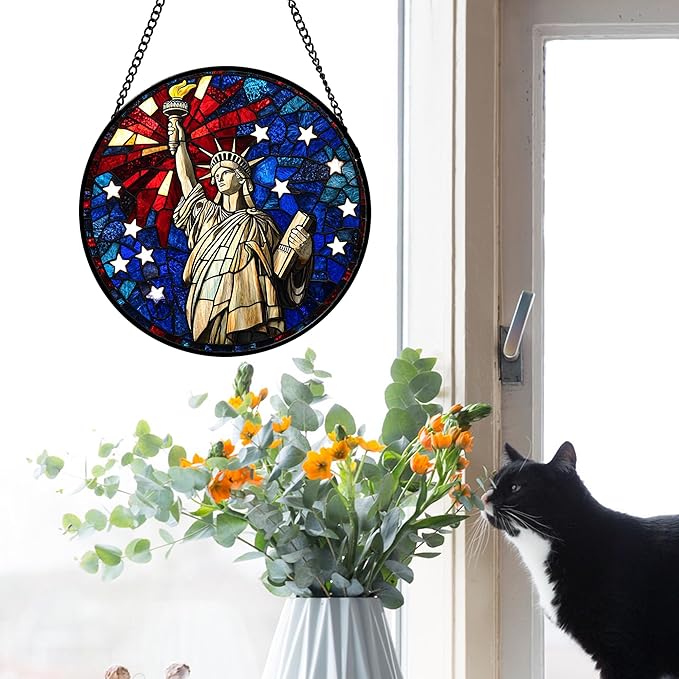 Stained Glass Window Hanging 4 Pcs Set Red Blue Flag Freedom Theme Large 11.8" - Suncatcher Door Garden Sun Catcher Decor Birthday Christmas for Mom Woman Nana Men Friend