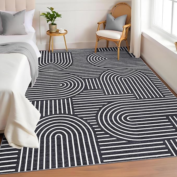 Washable 4x6 Modern Black Small Area Rug for Living Room Modern Geometric Lines Accent Rug Non Slip Office Small Carpet Thin Foldable Boho Rainbow Indoor Floor Mat for Bedroom Kitchen, Black
