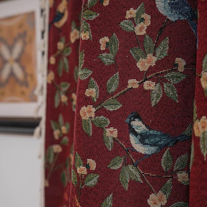 ENJOYBRIDAL Floral 96 Inch Curtains for Living Room Maroon Drapes Bird Pattern Jacquard Long Window Curtain Panels Rod Pocket Bedroom Farmhouse Boho Tassel Semi Blackout 2 Panels Window Treatments