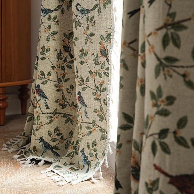 ENJOYBRIDAL Floral 63 Inch Curtains for Bedroom Jacquard Drapes Bird Patterned Semi Sheer Boho Short Window Curtains Living Room 2 Panels Farmhouse Rod Pocket Light Filtering Decor Window Treatments