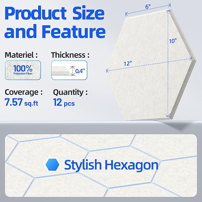 12 Pack Hexagon Acoustic Panels with Self-Adhesive, 12" X 10" X 0.4" Sound Proof Foam Panels for Walls, High Density Soundproof Wall Panels, Sound Dampening Panels for Home Studio Decor Office - Ivory
