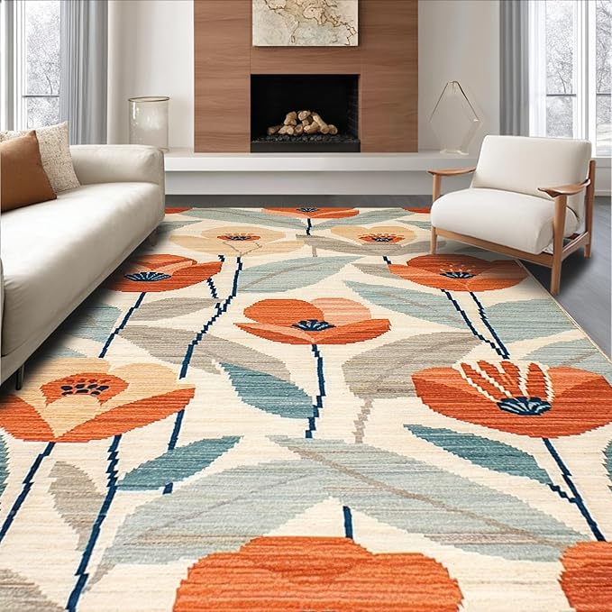 Flatwoven High Traffic Area Rug 5x7, Eclectic Boho with Abstract Floral and, Non Slip, Stain Resistant, Washable Area Rugs for Living Room, Bedroom (Orange, 5x7)