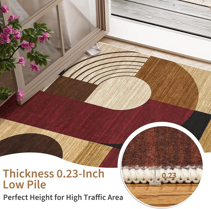 Area Rugs for Living Room, Boho Geometric Washable Rug for Bedroom Entryway Soft Low Pile Non-Slip Indoor Rugs for Dining Room Dorm Playroom, Burgundy/Brown Multi, 5'x7'