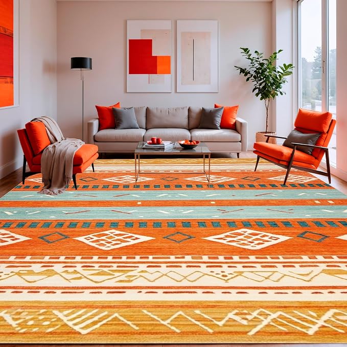 Flatwoven High Traffic Area Rug 5x7, Boho Abstract, Non Slip, Stain Resistant, Washable Area Rugs for Living Room, Bedroom (Orange, 5x7)