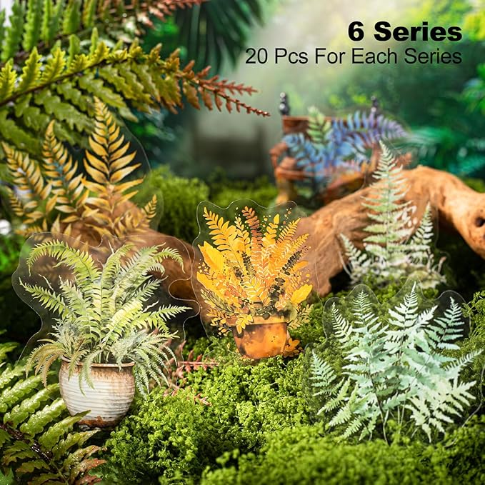 AuriicLeaf Fern Plant-Themed PET Sticker Set, 120Pcs Botanical Stickers for Scrapbooking, Journaling, Junk Journal Supplies, and DIY Crafts
