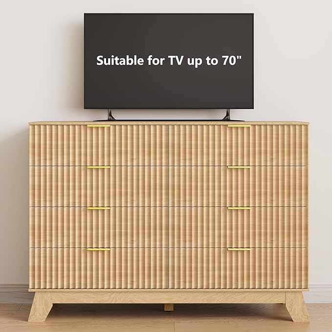 HUANLEGO Fluted Dresser for Bedroom, 8 Drawer Dressers & Chest of Drawers, Mid Century Modern Dresser for Closet Boho Bedroom Furniture, Nature Wood Chest of Drawers Storage Organizer for Living Room