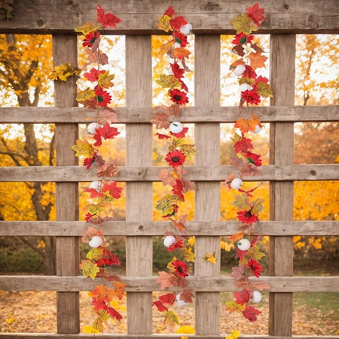 3 Pack Fall Garland for Mantle - 5.6Ft Artificial Maple Vine with Pumpkins & Sunflowers, Autumn Fall Decor for Fireplace Thanksgiving Halloween Wedding Farmhouse Indoor Outdoor Porch Decoration