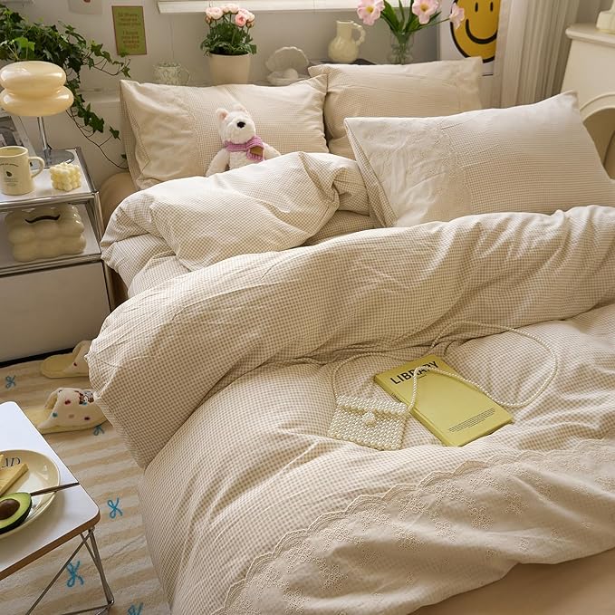 LifeTB Tan Gingham Comforter Set King Romantic Lace Bedding Beige Plaid Comforter Set Vintage Grid Checkered Pattern Comforter with 2 Pillowcases Farmhouse Taupe Plaid Gingham Bedding Set