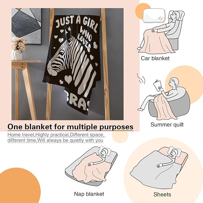 Just A Girl Who Loves Zebras Blanket Lightweight Cozy Flannel Fleece Throw Blanket Best Gift Home Decor for Bed Couch Outdoor Camping 120"x90" King for Family