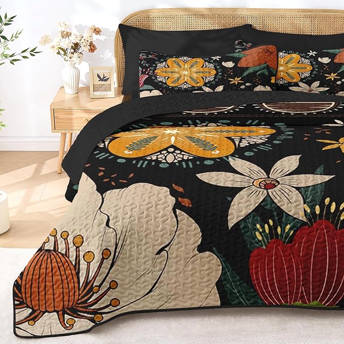 Quilt Set Full/Queen Size, Black Tropical Floral 3 Pcs Soft Bed Cover Bedding Set, Farmhouse Botanical Lightweight Bedspread Coverlet with 2 Pillow Sham for All Season