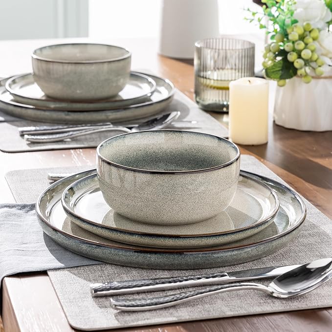 GBHOME Ceramic Dinnerware Sets for 6, 18 Pieces Stoneware Plates and Bowls Sets, Reactive Glaze Dishes -Scratch Resistant, Dishwasher&Microwave Safe, Green Wheat