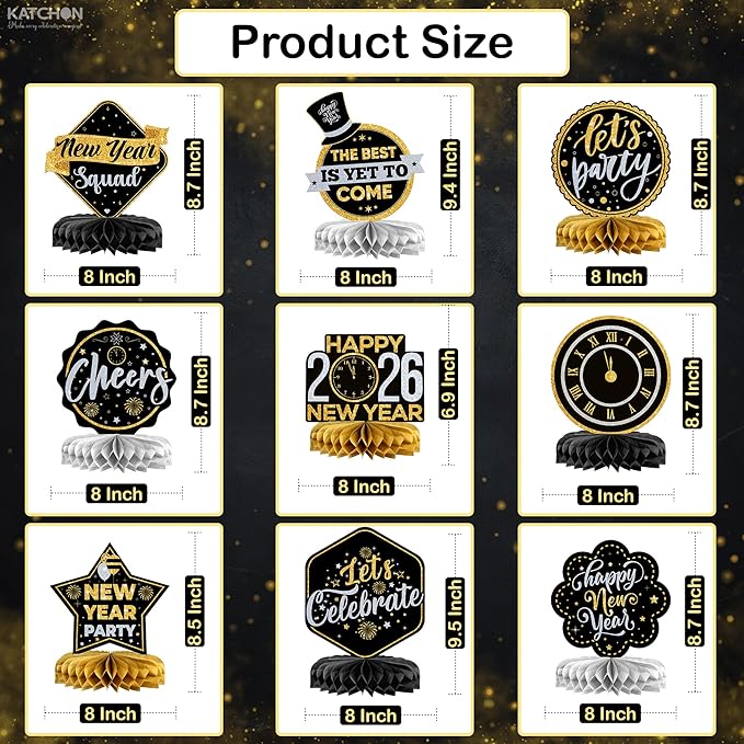 KatchOn, New Years Centerpieces For Tables - Pack of 9 | New Years Eve Party Supplies 2026 | Black and Gold Honeycomb for New Year Decorations 2026 | New Year Eve Party Decorations
