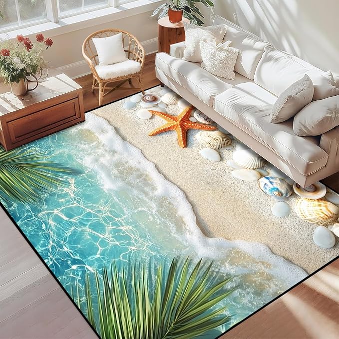 6'x9' Beach Rug Starfish Seashell Area Rugs for Bedroom Living Room Kitchen Nursery Playroom Home Decor Ocean Sea Wave Carpt 3D Non Slip Washable Throw Rug Coastal Seaside Floor Mat