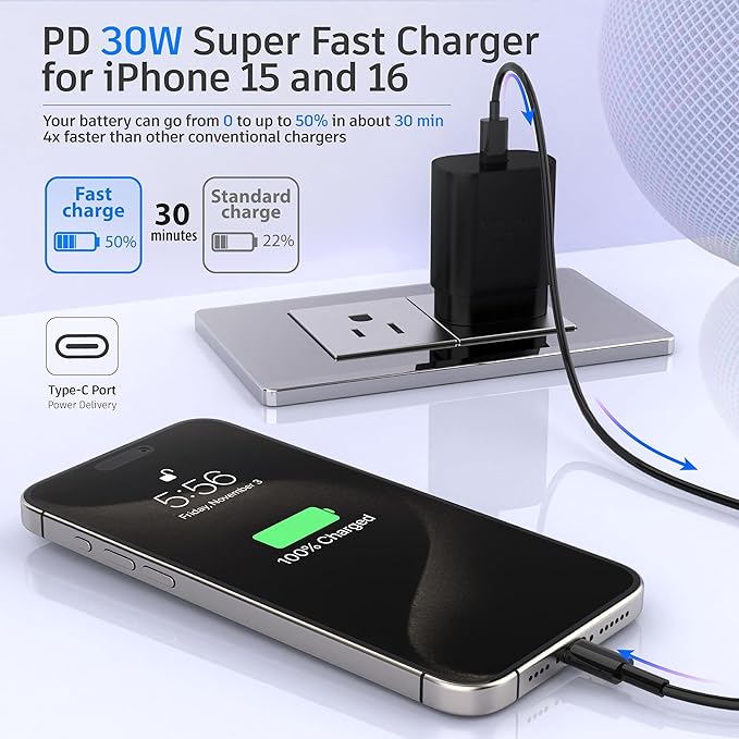USB C Block 30W PD Super Fast Charging Block Type C Plug Wall Adapter Quick Charger for iPhone 17/17 Air/17 Pro/ 17 Pro Max/16/15/14/13/12/11/iPad/Mini/AirPod/Galaxy S25/S24/S23 (Black 1Pack)