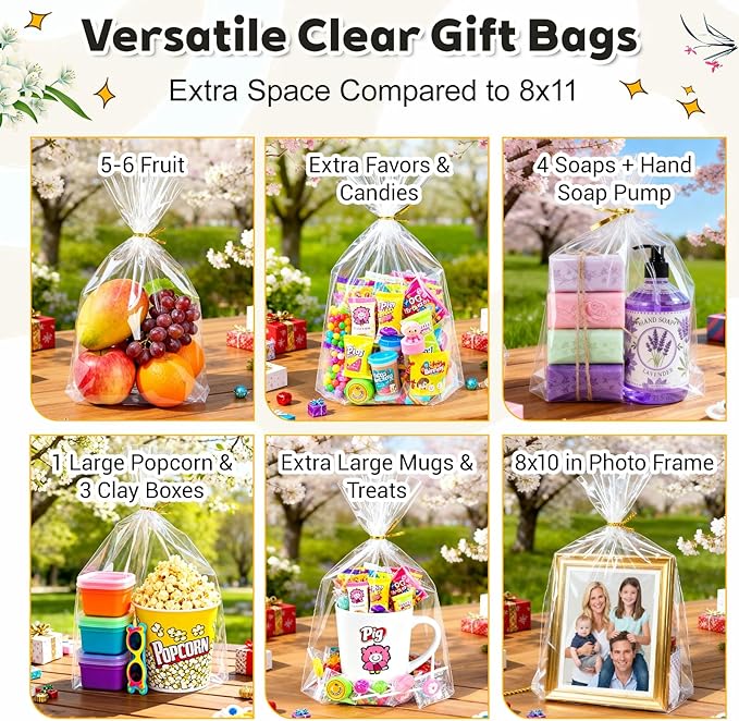 PigPotParty 12"x 16", 100Pcs Bottom Gusset Bags, Clear Plastic Cellophane Mug Treat Goodie Gift Bags with 100x Twist Ties, Large Party Favor Packaging, Toy Wrapping (No Side Gusset)