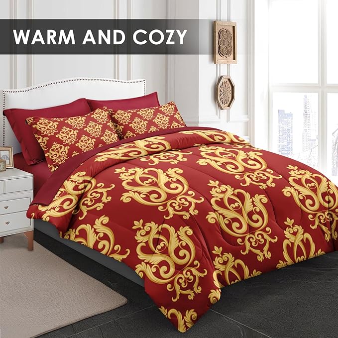 Comforter Set Full Size, Vintage Floral Gold 7 Pcs Bedding for Kids and Adults, Medieval Burgundy Red Bed Sheet Sets with Fitted Sheet 2 Pillowcase & 2 Sham for Bedroom Bed Decor