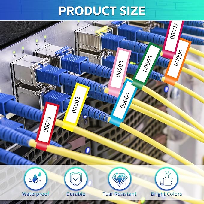 360PCS Cable Labels, 12 Colors Waterproof Cable Tags Wire Cord Label for Electronics Cable Management, Self Adhesive Color Border Cord Labels for Laser Printer and Handwriting