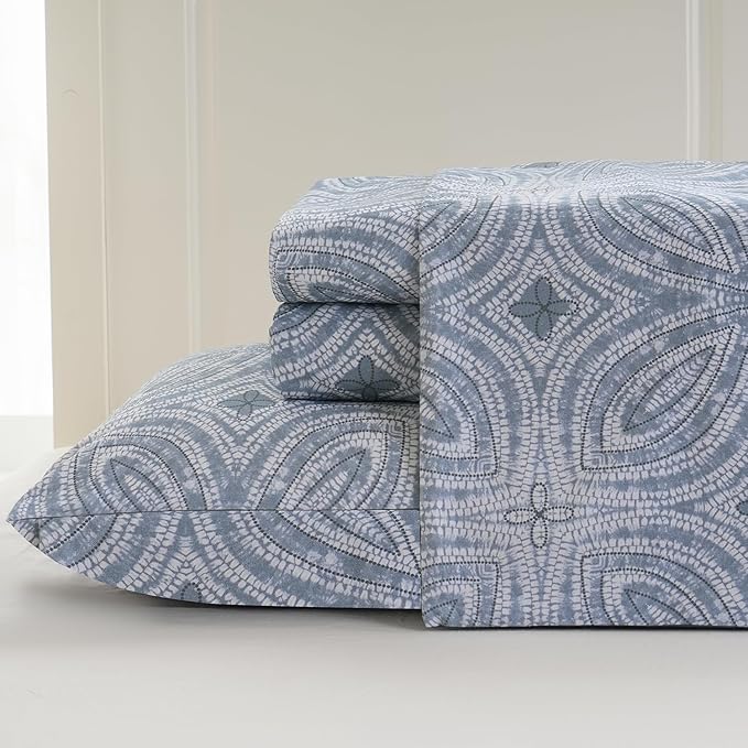 Zusbest King Size Sheets 100% Percale Cotton Grey Bed Sheet Set, Brushed Extra Softness, Breathable Luxury Flannel Like Sheets Modern Classic Navy Printed Deep Pocket Bed Set 17.5'' 4 Pcs